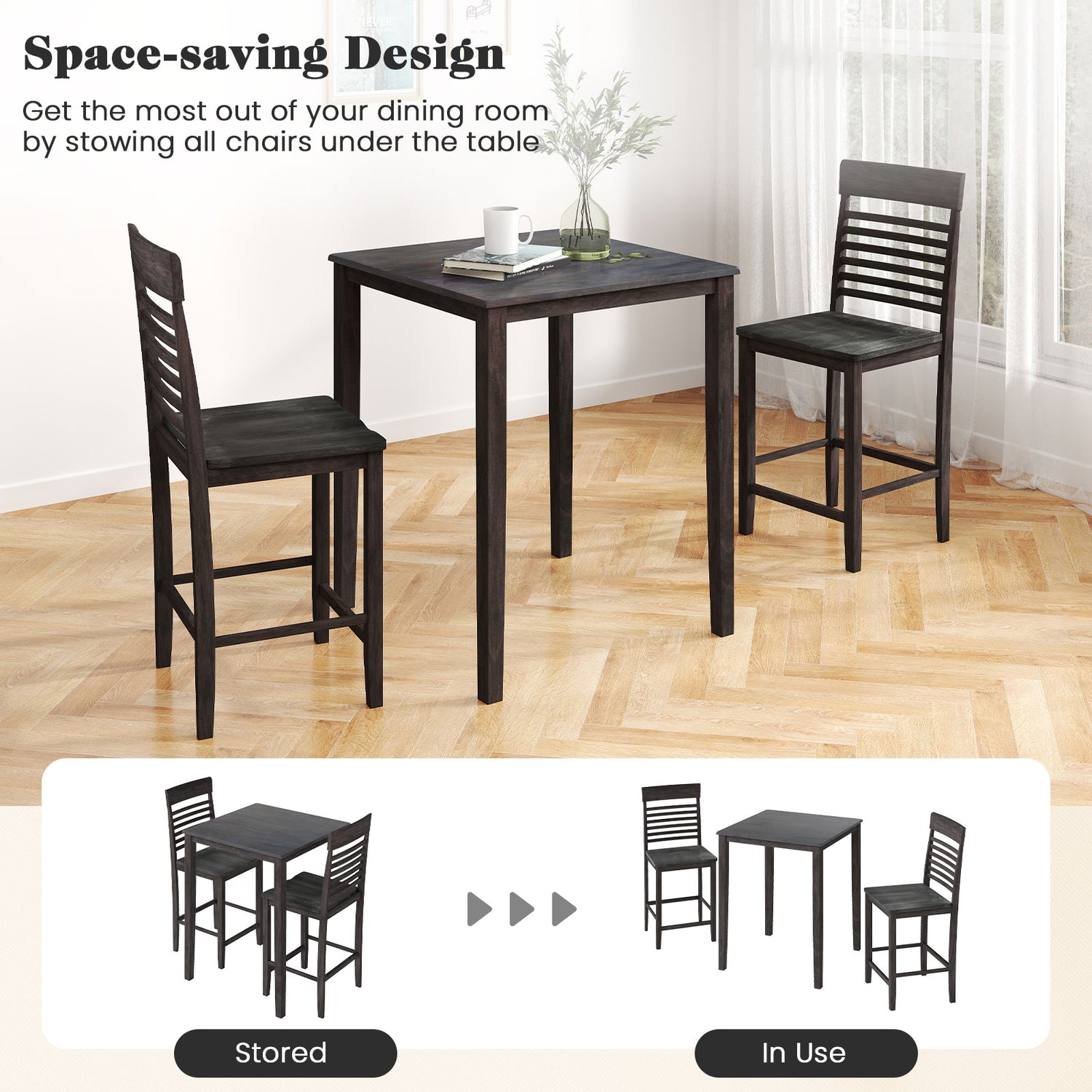 3-Piece Counter-Height Dining Table Set for 2 with Rubber Wood Frame and Footrest