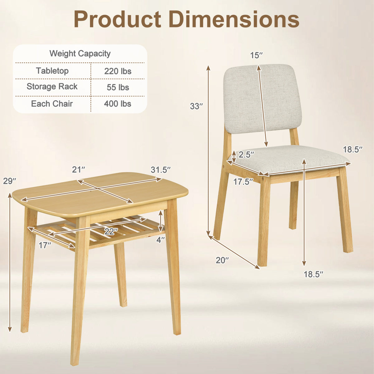 3-Piece Dining Table Set for 2 with Upholstered Chairs