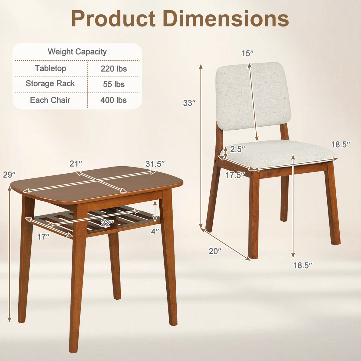 3-Piece Dining Table Set for 2 with Upholstered Chairs