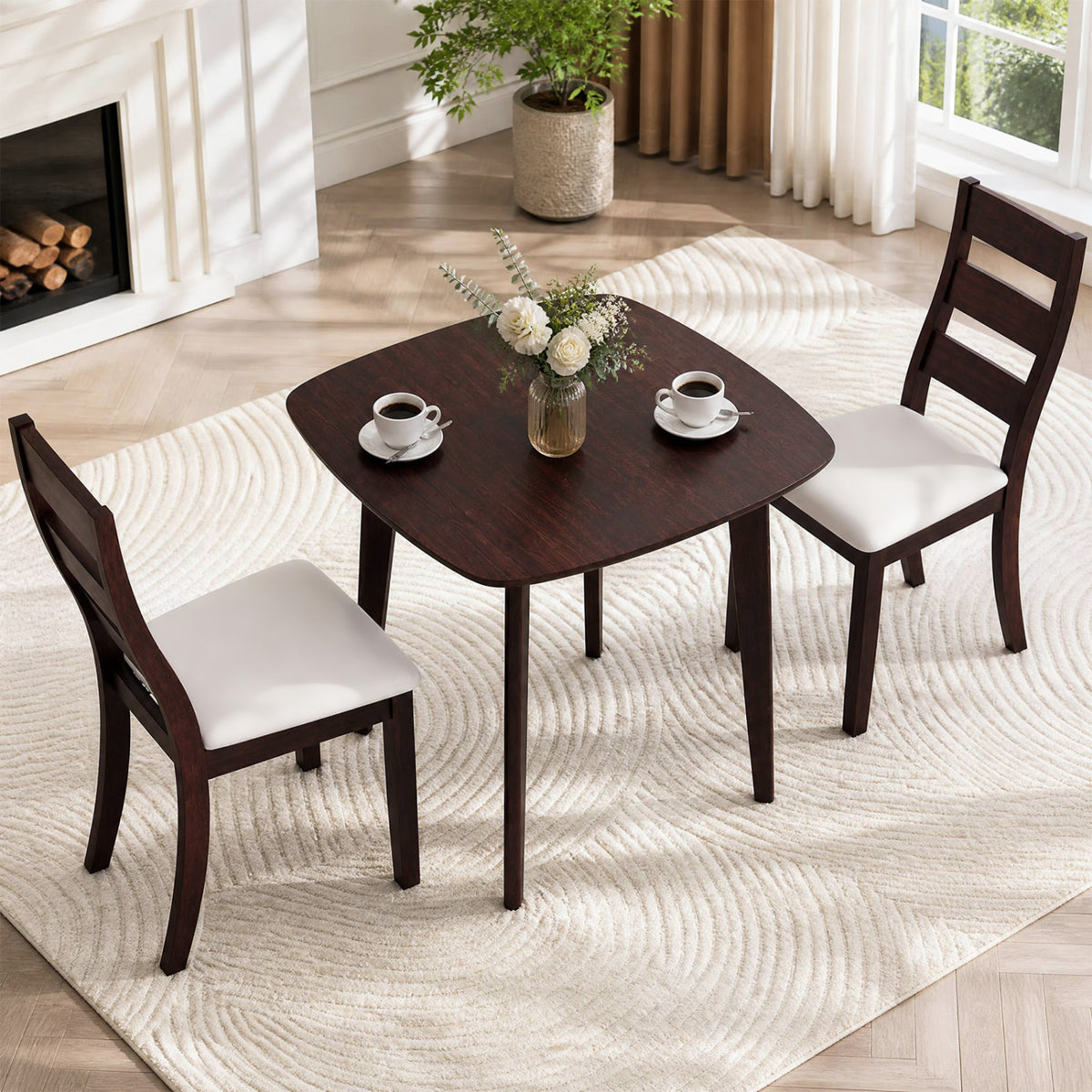 3-Piece Dining Table Set with Wooden Square Kitchen Table and 2 Chairs-Walnut