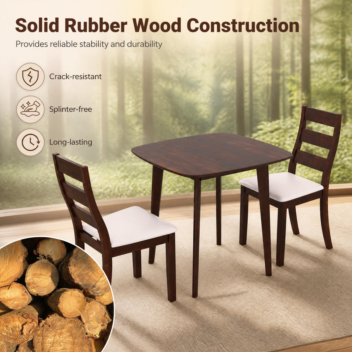 3-Piece Dining Table Set with Wooden Square Kitchen Table and 2 Chairs-Walnut