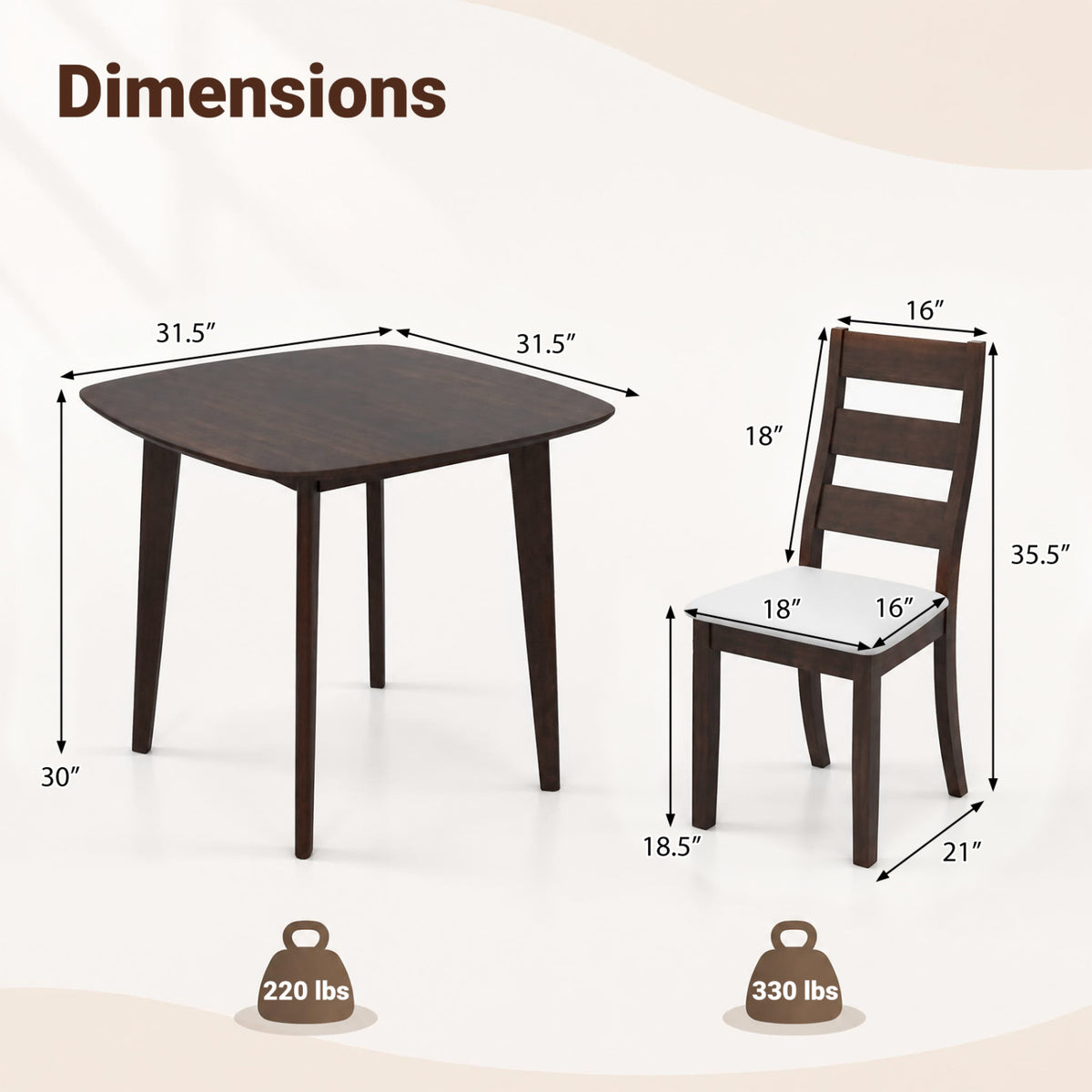 3-Piece Dining Table Set with Wooden Square Kitchen Table and 2 Chairs-Walnut