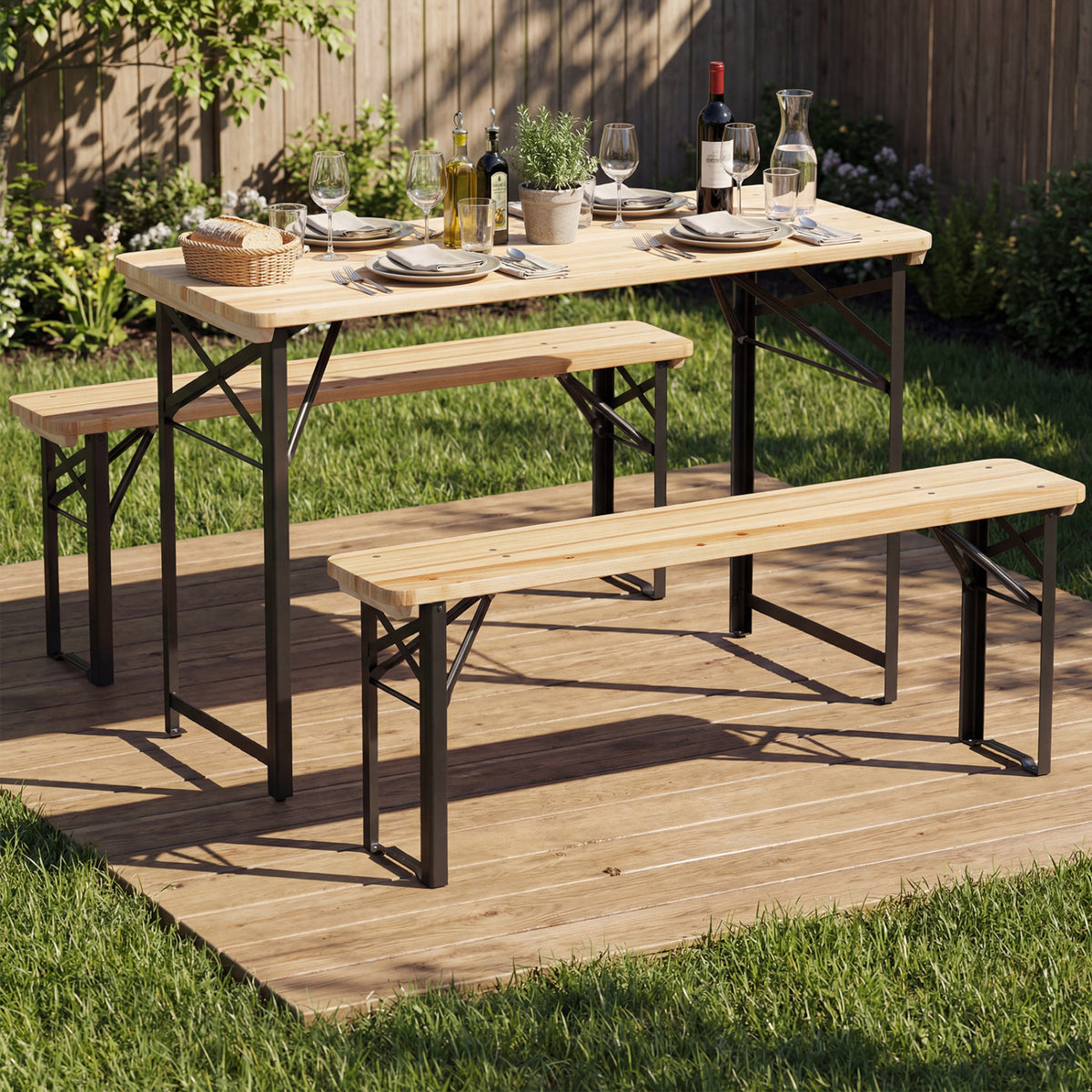 3-Piece Folding Picnic Table with Benches Fir Wood Portable Bear Camping SET-Natural