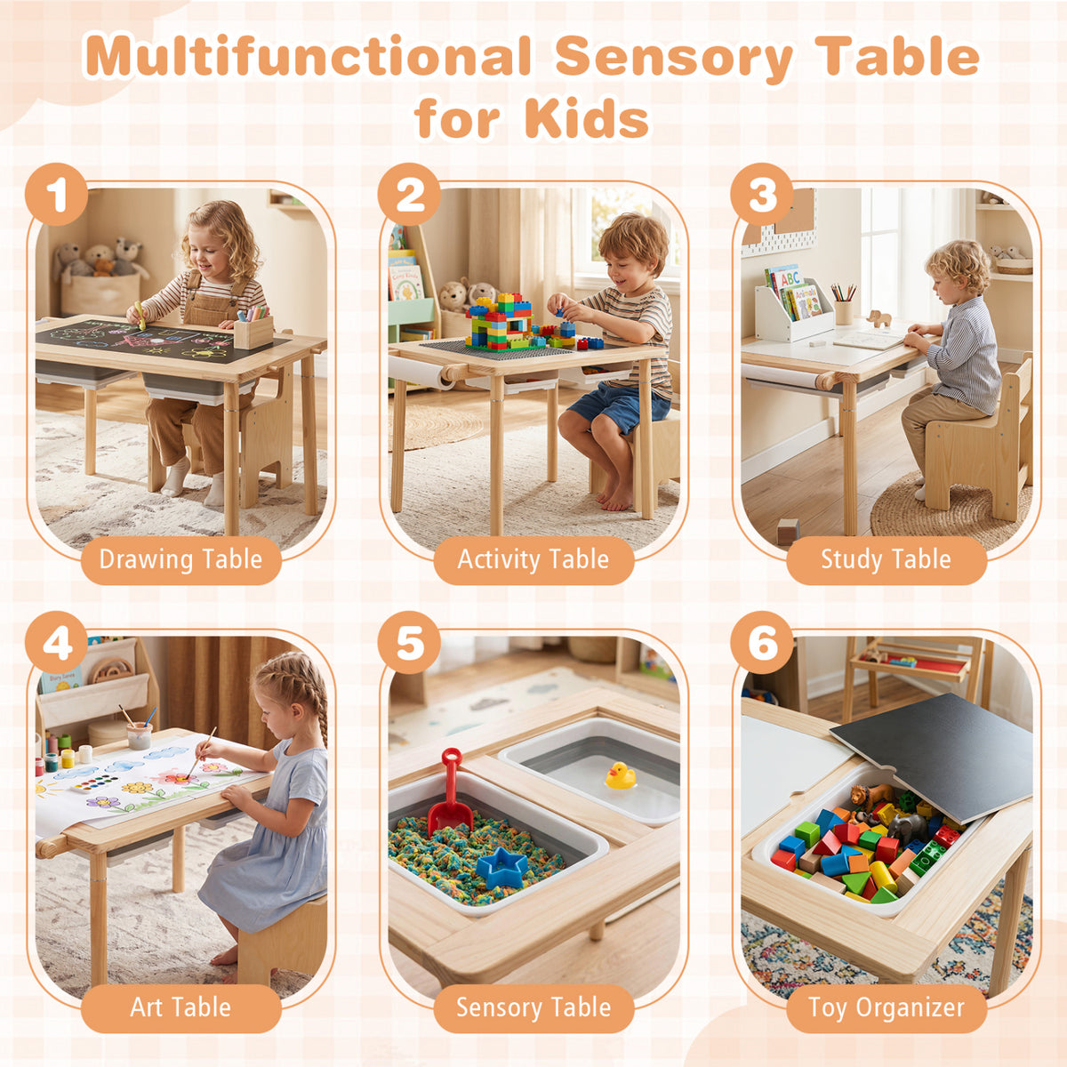 3-Piece Kids Activity Table and Chair Set with Adjustable Height-Natural