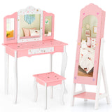 2 Pieces Kids Vanity Set and Jewelry Armoire Cabinet with Full-length Mirror