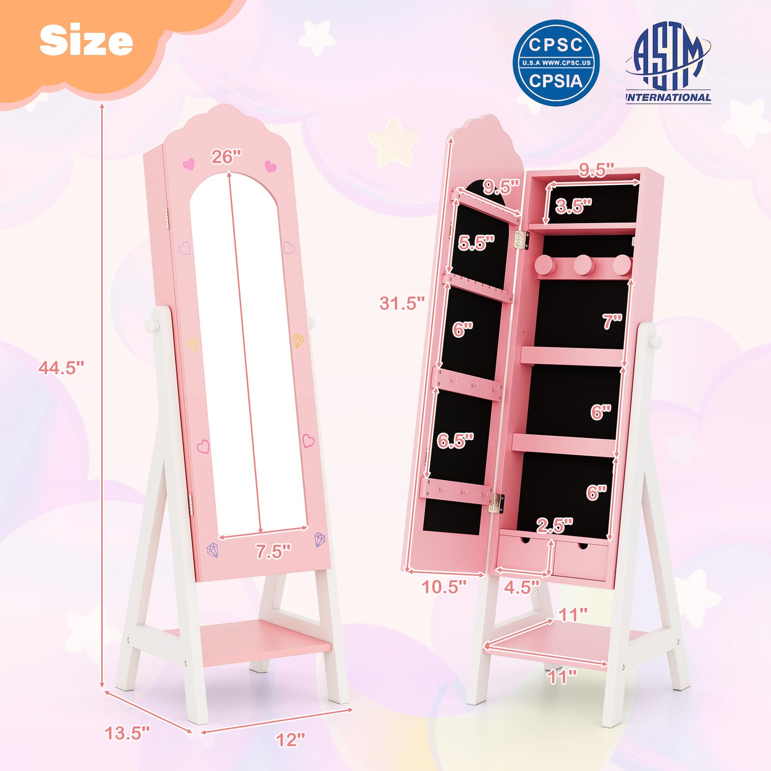 2 Pieces Kids Vanity Set and Jewelry Armoire Cabinet with Full-length Mirror