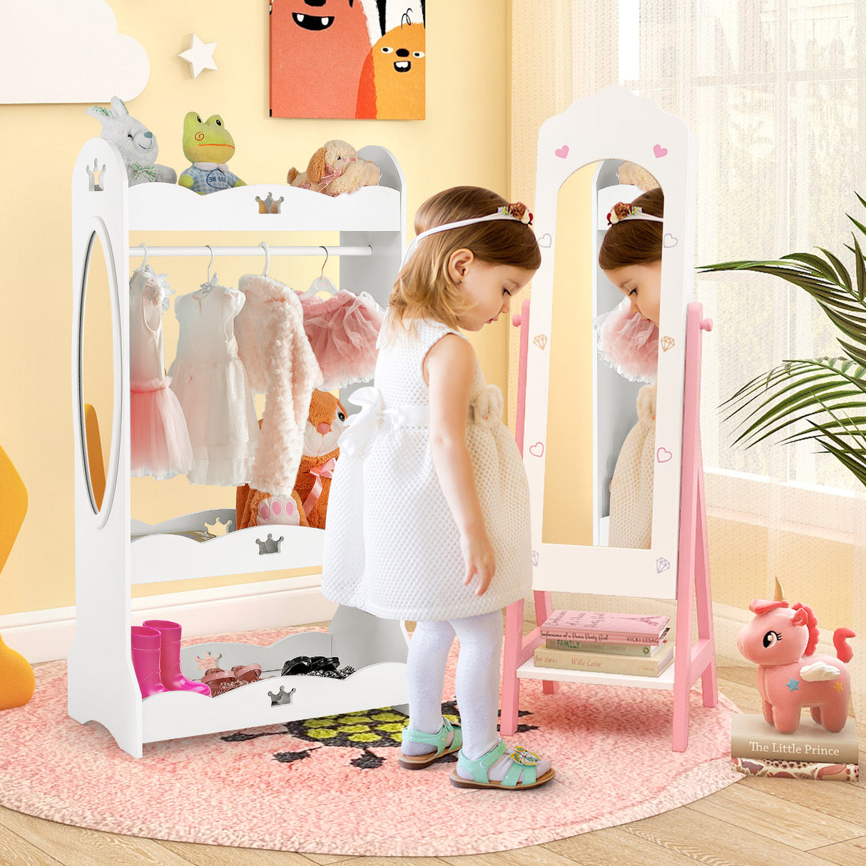 2 Pieces Kids Vanity Set and Jewelry Armoire Cabinet with Full-length Mirror