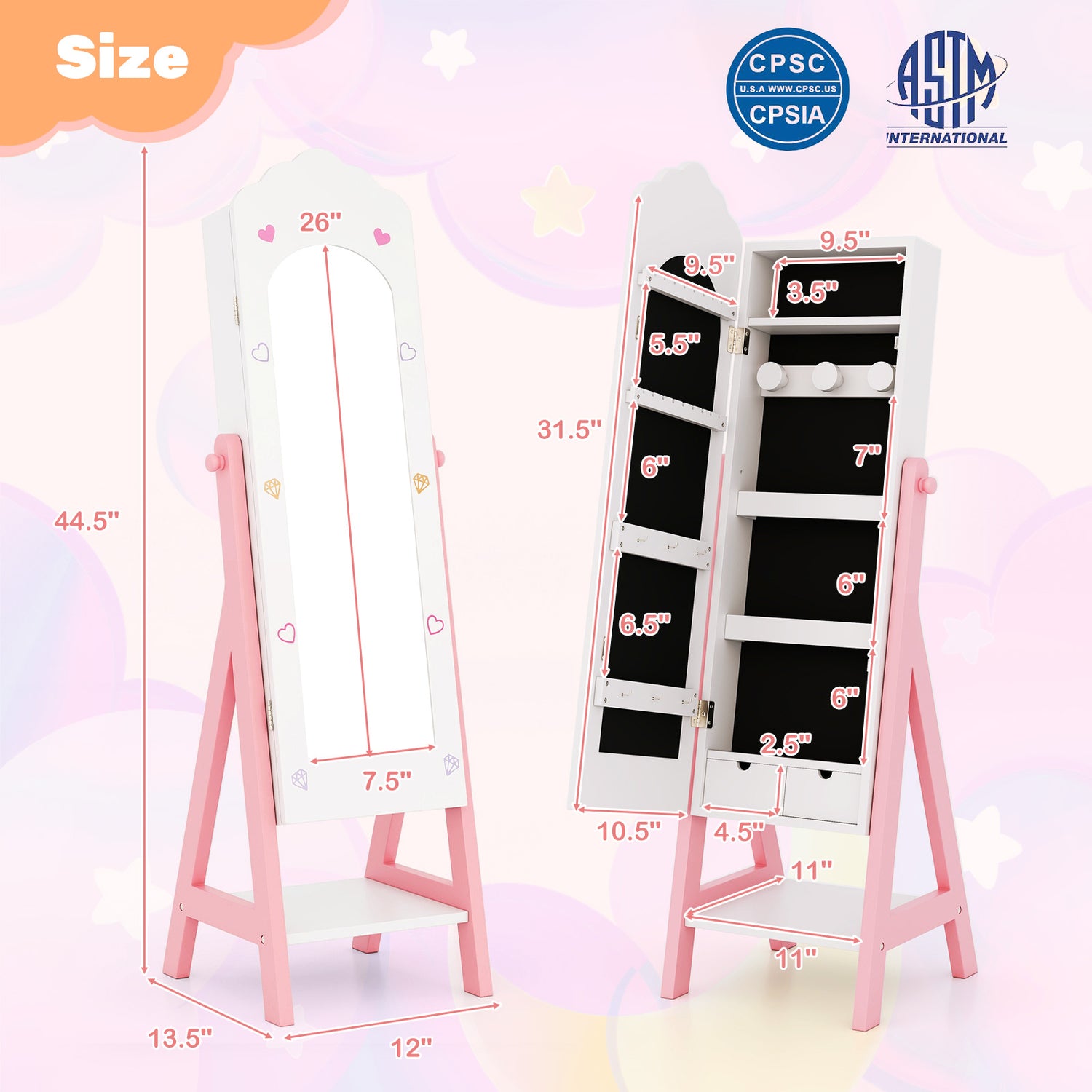 2 Pieces Kids Vanity Set and Jewelry Armoire Cabinet with Full-length Mirror