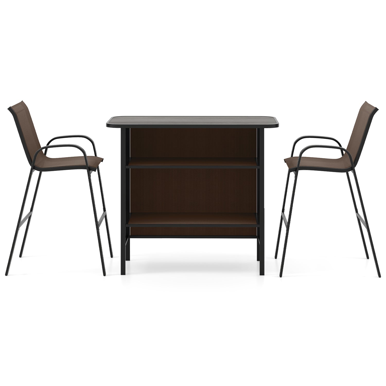 3 Piece Outdoor Bar Set with Footrest and 2-Tier Shelf