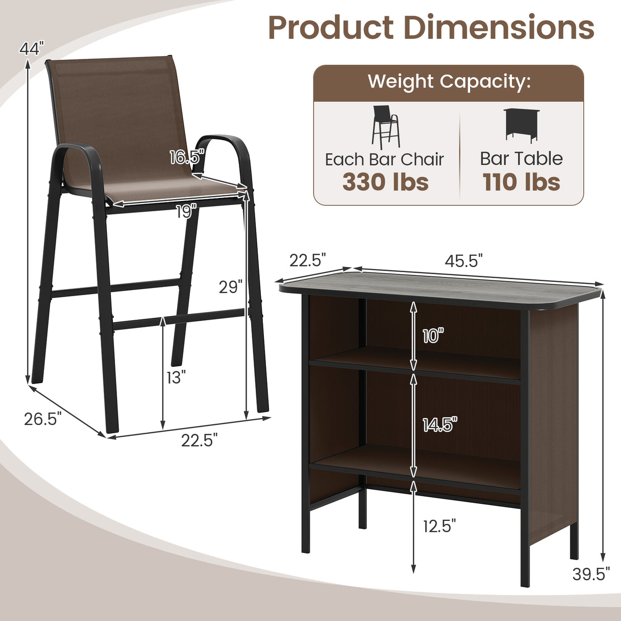 3 Piece Outdoor Bar Set with Footrest and 2-Tier Shelf