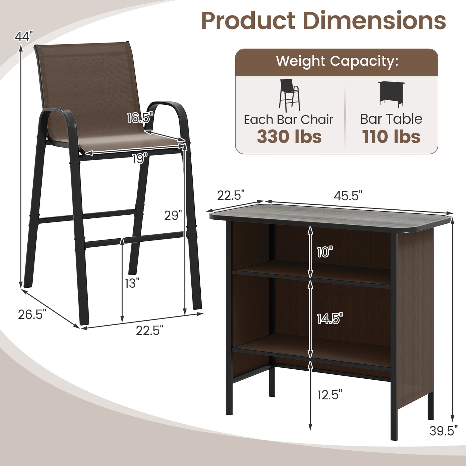 3 Piece Outdoor Bar Set with Footrest and 2-Tier Shelf