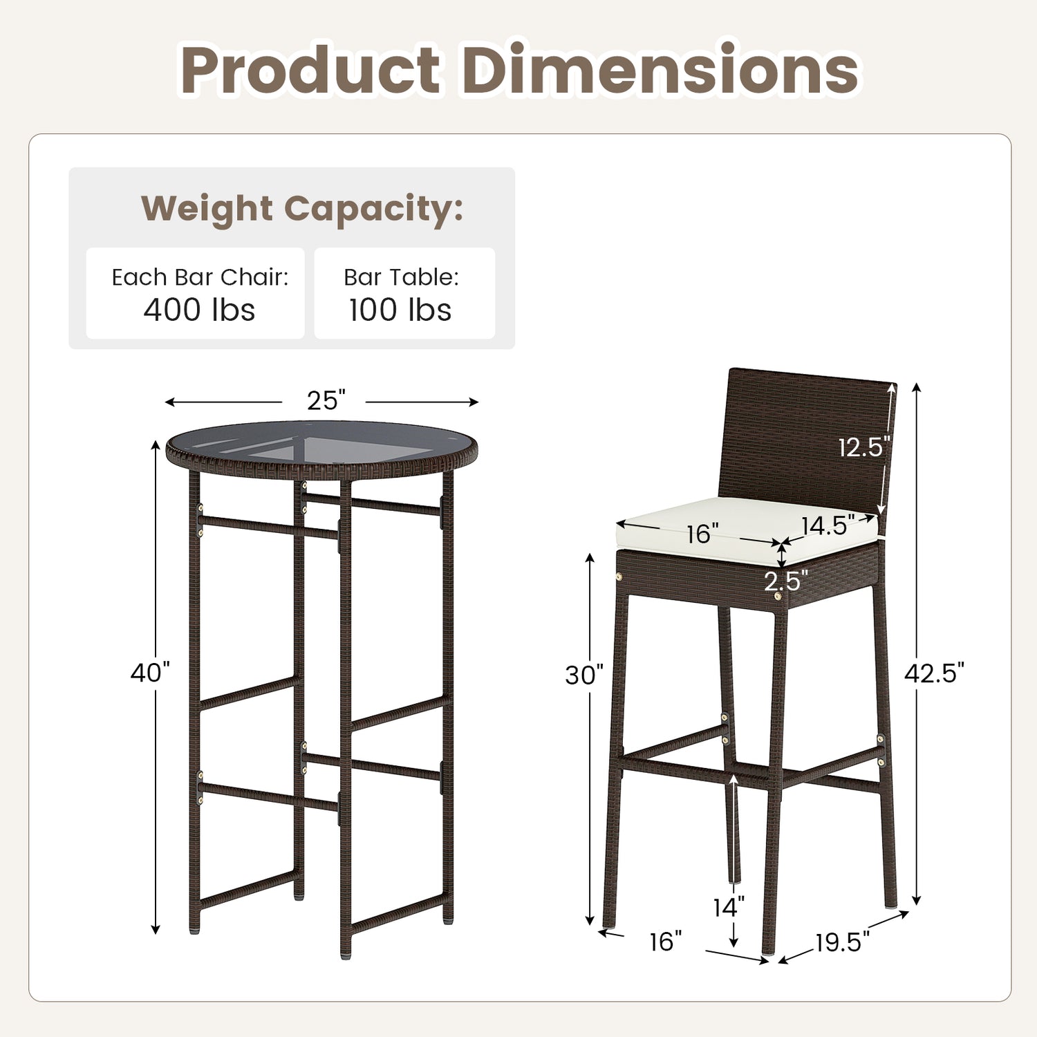 3 Piece Outdoor Bar Set Patio Heavy-Duty Metal Barstool and Table Set-White
