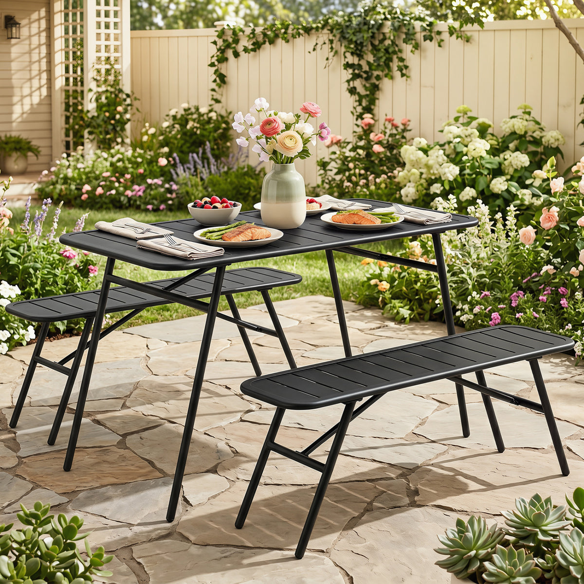 3-Piece Outdoor Dining Set with Coffee Table and 2 Benches for Backyard Deck-Black