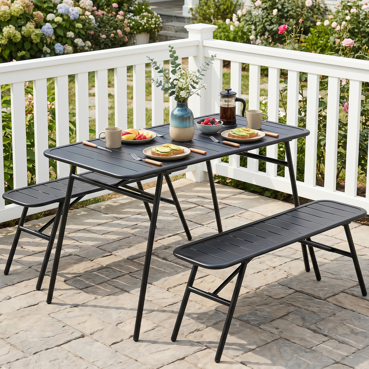 3-Piece Outdoor Dining Set with Coffee Table and 2 Benches for Backyard Deck-Black