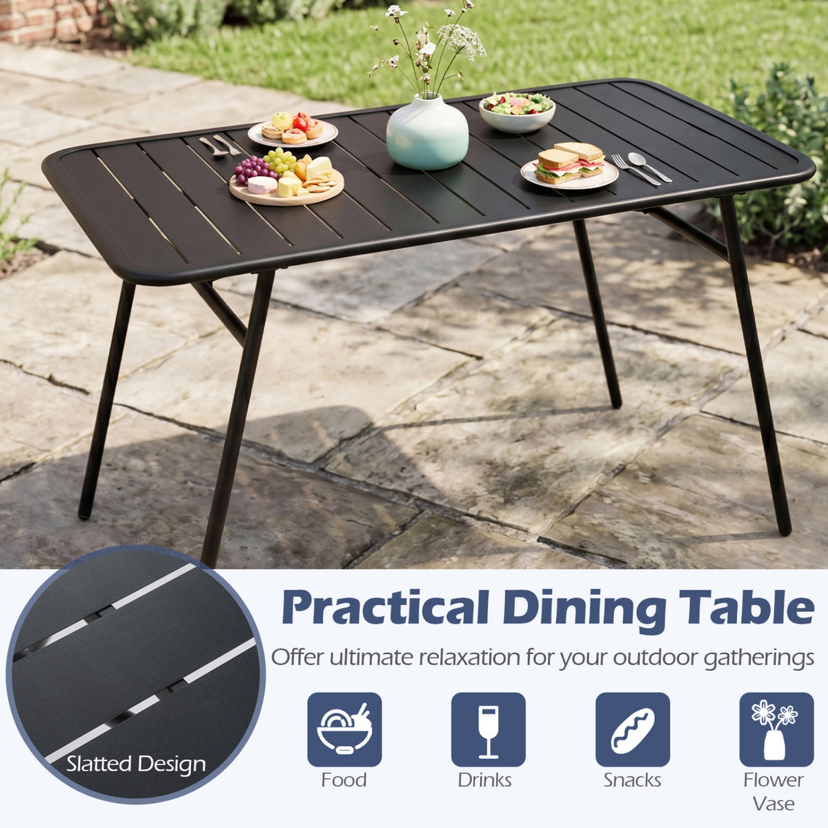 3-Piece Outdoor Dining Set with Coffee Table and 2 Benches for Backyard Deck-Black