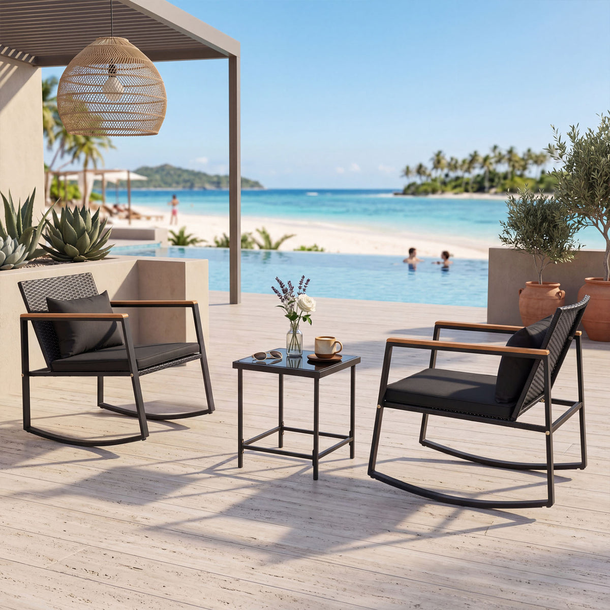 3-Piece Outdoor Rocking Bistro Set with Soft Cushions and/& Tempered Glass Table
