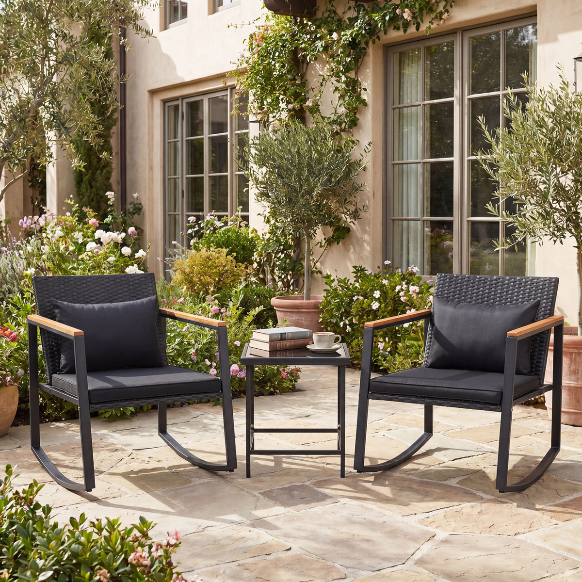 3-Piece Outdoor Rocking Bistro Set with Soft Cushions and/& Tempered Glass Table