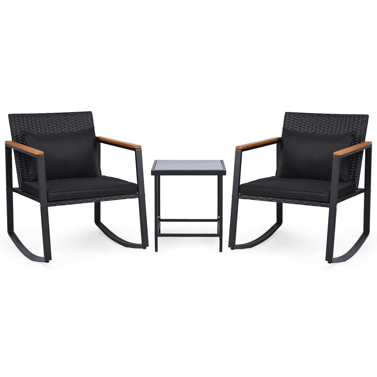 3-Piece Outdoor Rocking Bistro Set with Soft Cushions and/& Tempered Glass Table