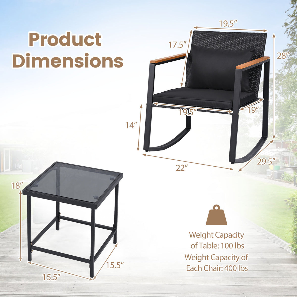 3-Piece Outdoor Rocking Bistro Set with Soft Cushions and/& Tempered Glass Table