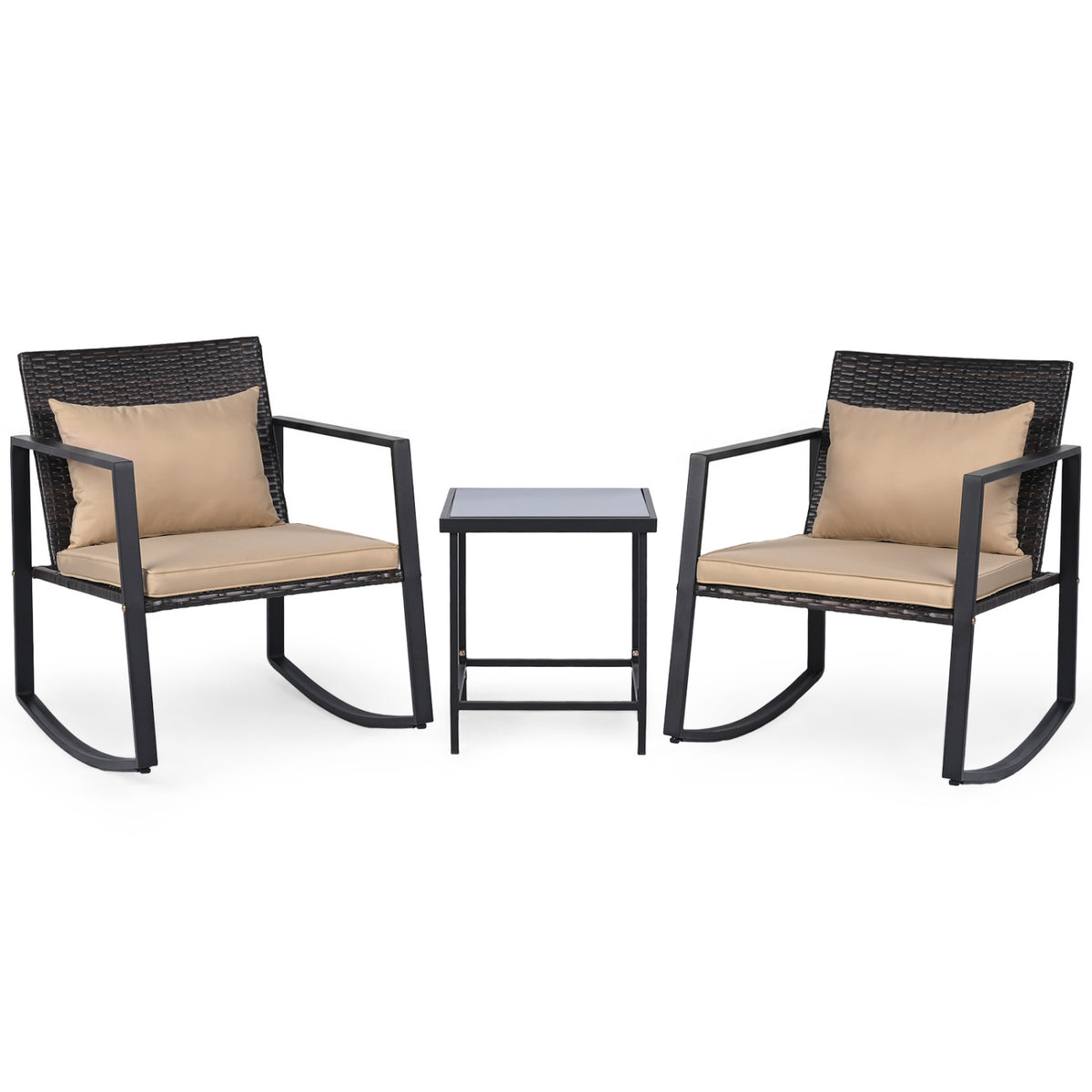 3-Piece Outdoor Rocking Bistro Set with Soft Cushions and/& Tempered Glass Table