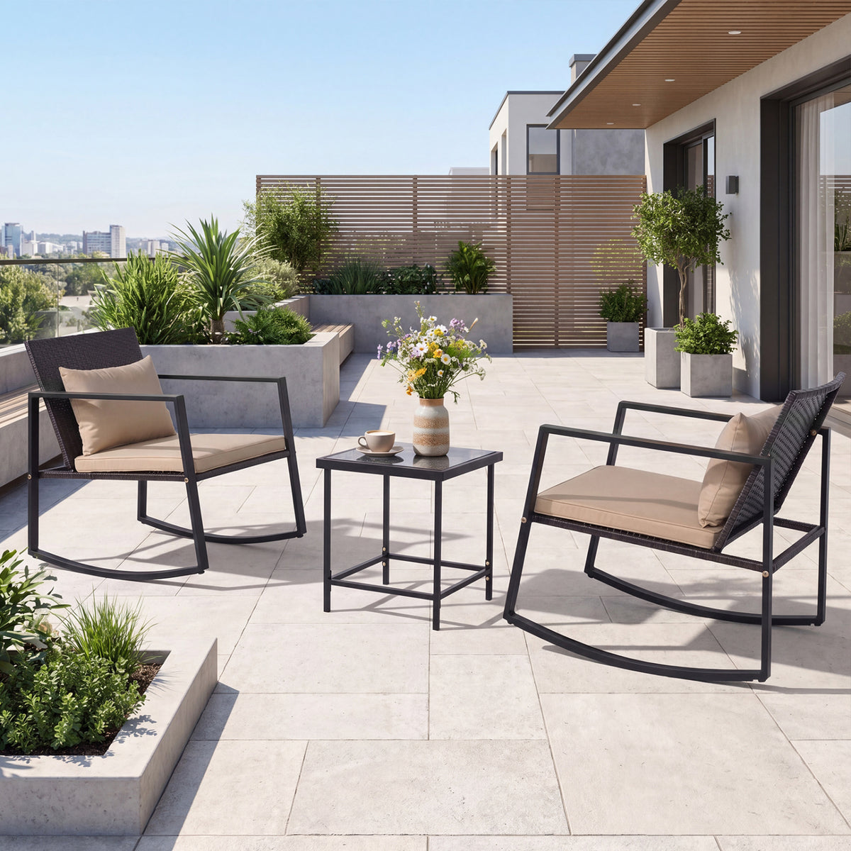 3-Piece Outdoor Rocking Bistro Set with Soft Cushions and/& Tempered Glass Table