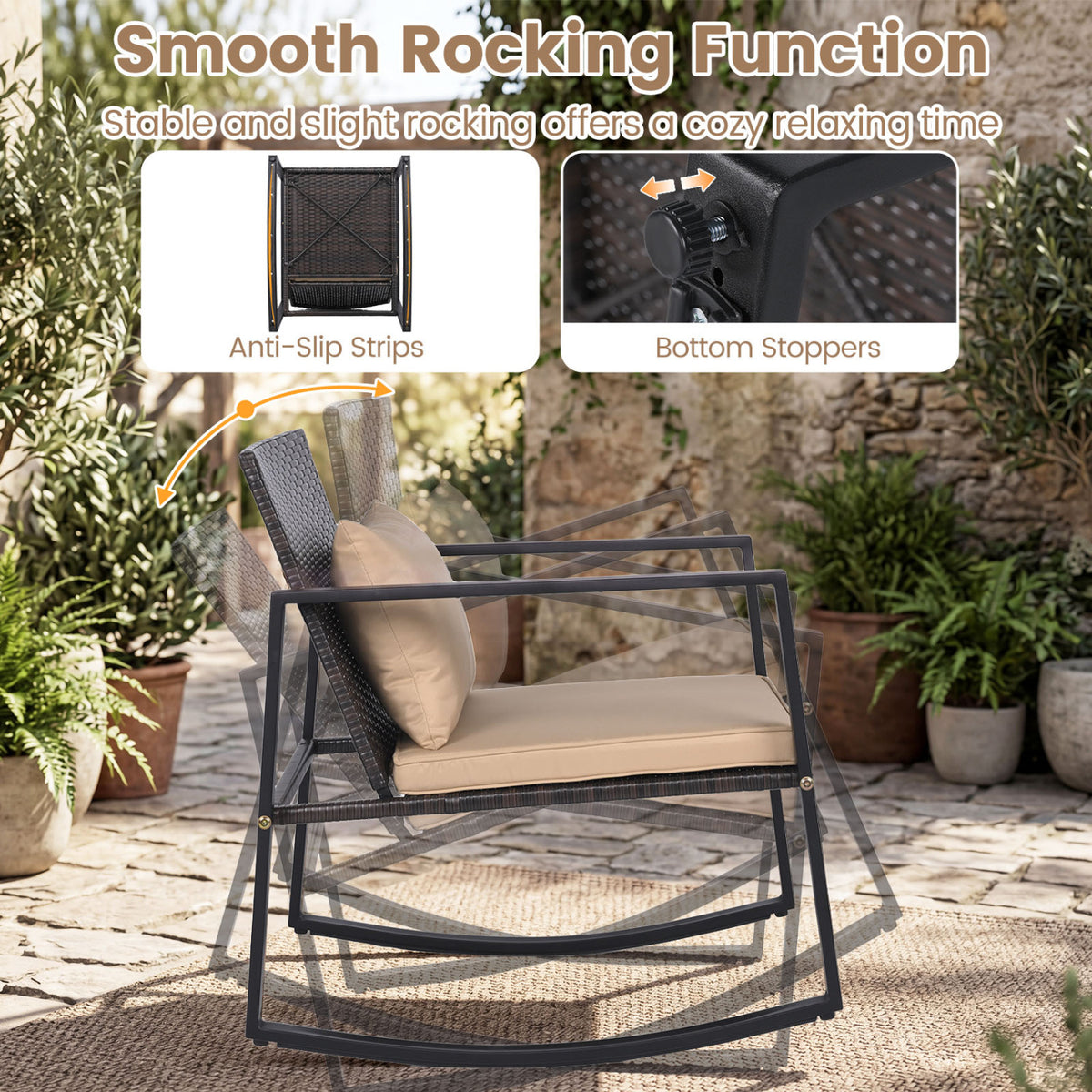 3-Piece Outdoor Rocking Bistro Set with Soft Cushions and/& Tempered Glass Table