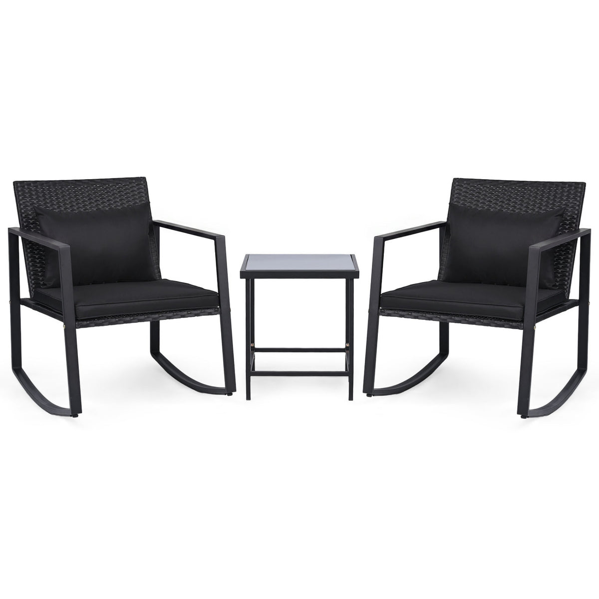 3-Piece Outdoor Rocking Bistro Set with Soft Cushions and/& Tempered Glass Table
