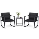 3-Piece Outdoor Rocking Bistro Set with Soft Cushions and/& Tempered Glass Table