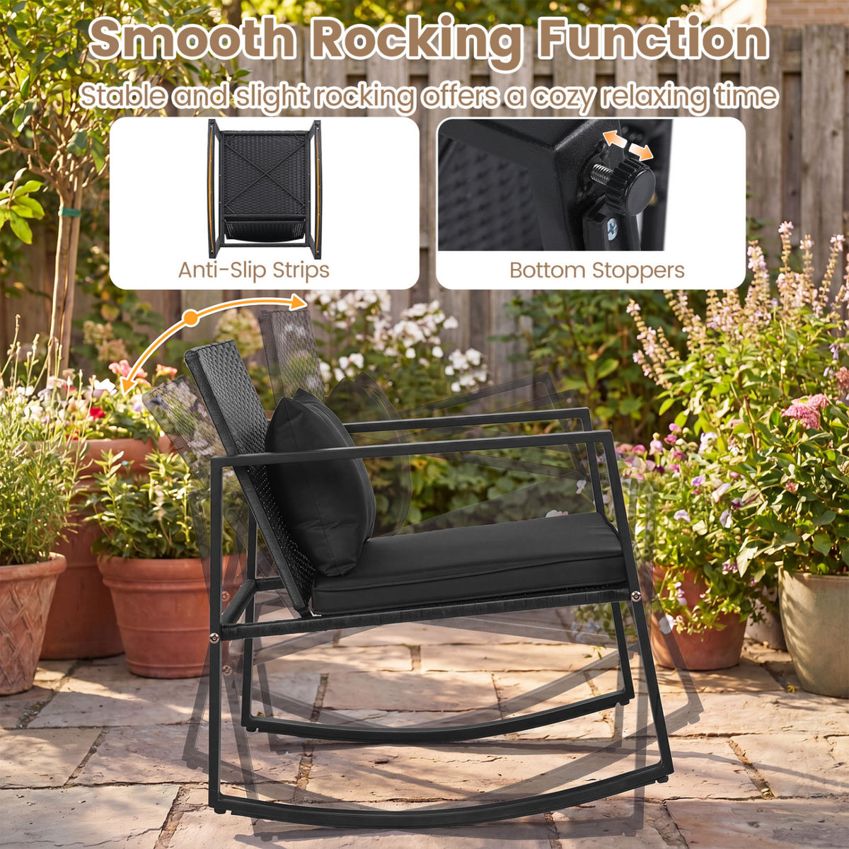 3-Piece Outdoor Rocking Bistro Set with Soft Cushions and/& Tempered Glass Table