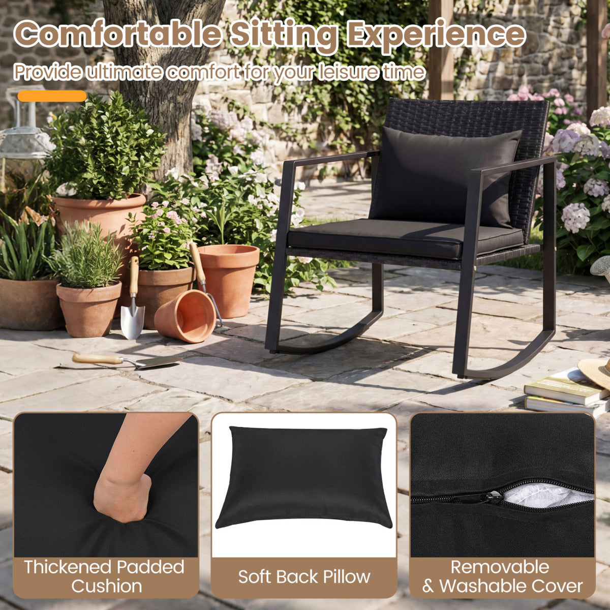 3-Piece Outdoor Rocking Bistro Set with Soft Cushions and/& Tempered Glass Table