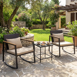 3-Piece Outdoor Rocking Bistro Set with Soft Cushions and/& Tempered Glass Table