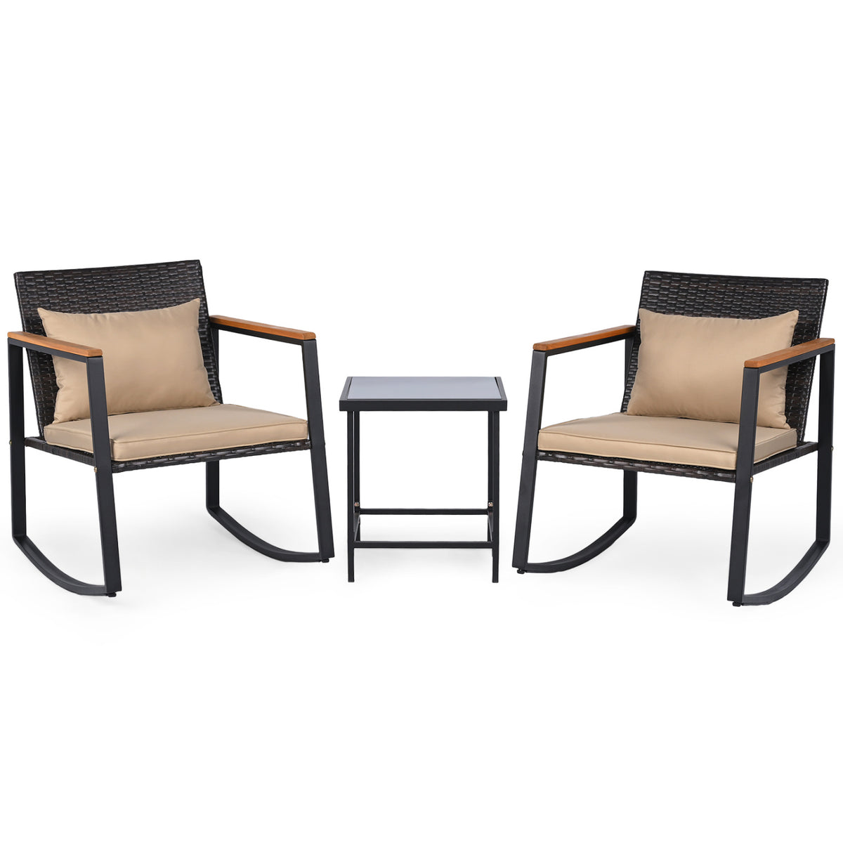 3-Piece Outdoor Rocking Bistro Set with Soft Cushions and/& Tempered Glass Table