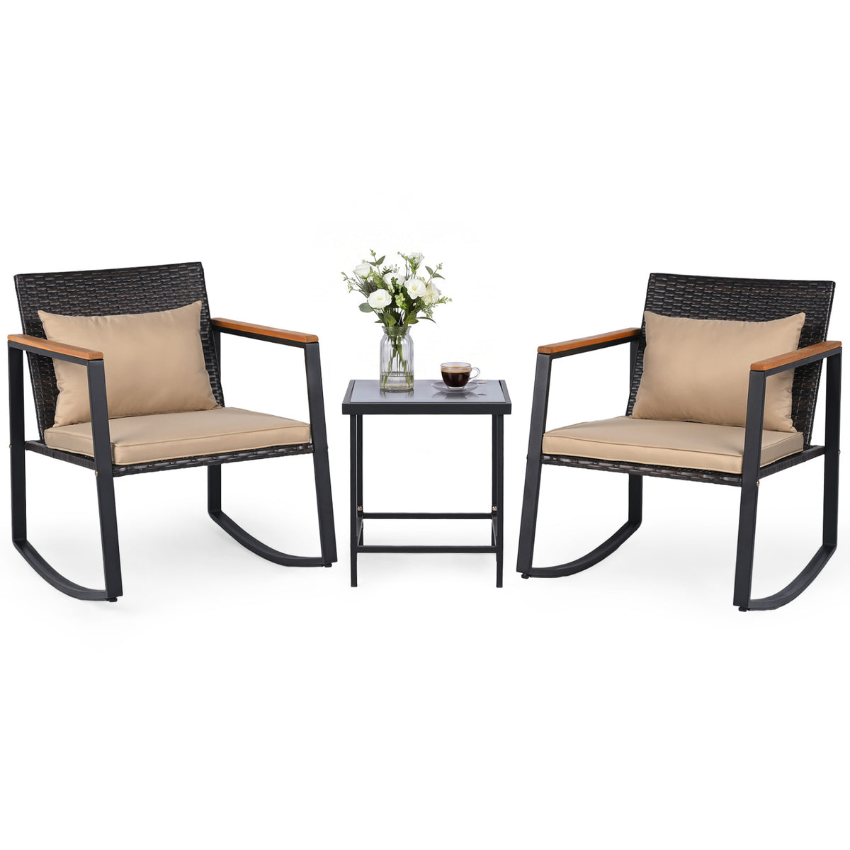 3-Piece Outdoor Rocking Bistro Set with Soft Cushions and/& Tempered Glass Table