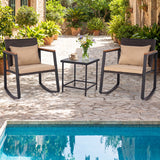 3-Piece Outdoor Rocking Bistro Set with Soft Cushions and/& Tempered Glass Table