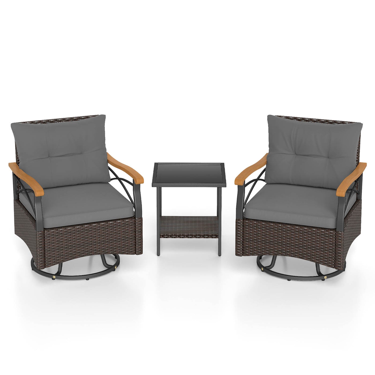 3 Piece Outdoor Swivel Chair Set with Tempered Glass Side Table