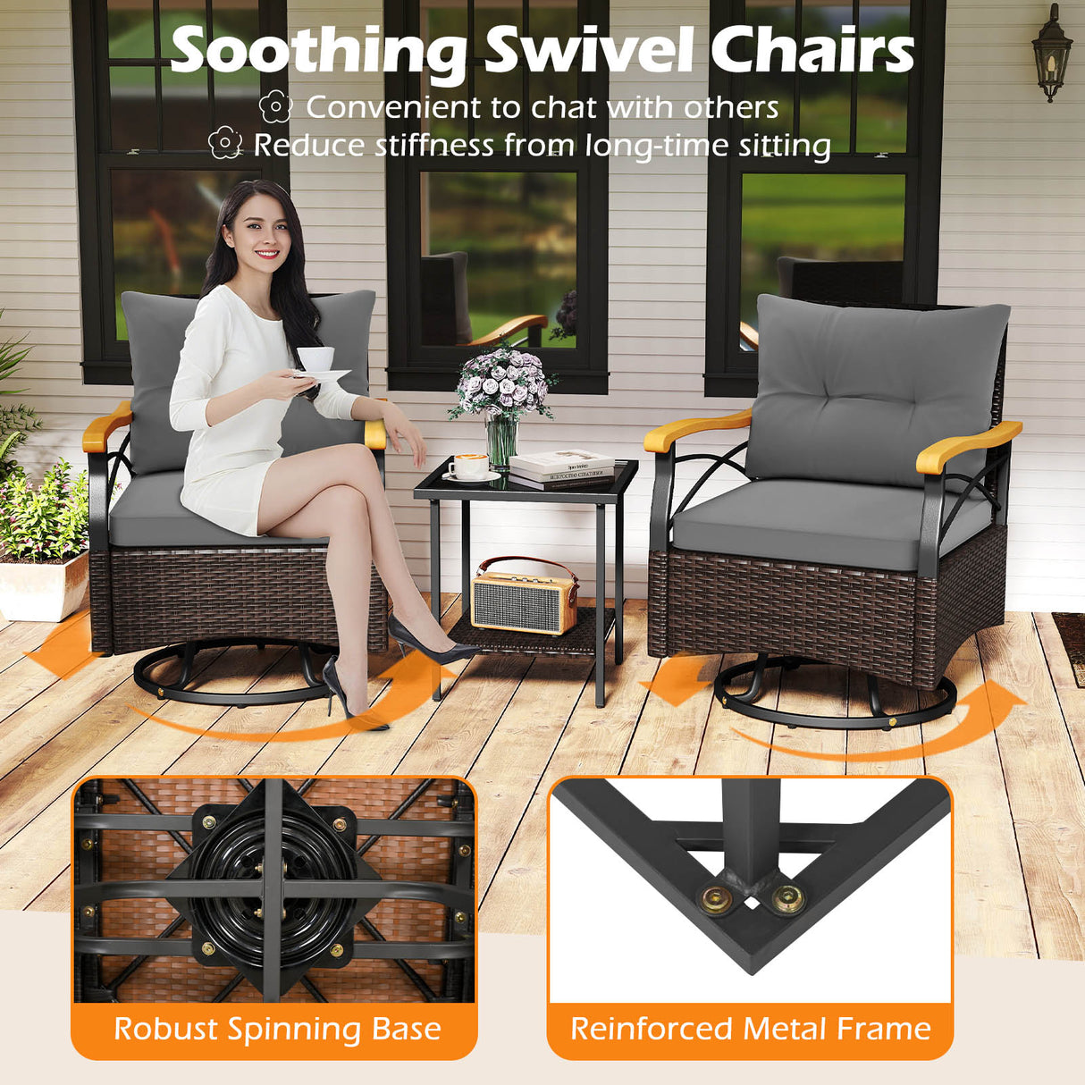 3 Piece Outdoor Swivel Chair Set with Tempered Glass Side Table