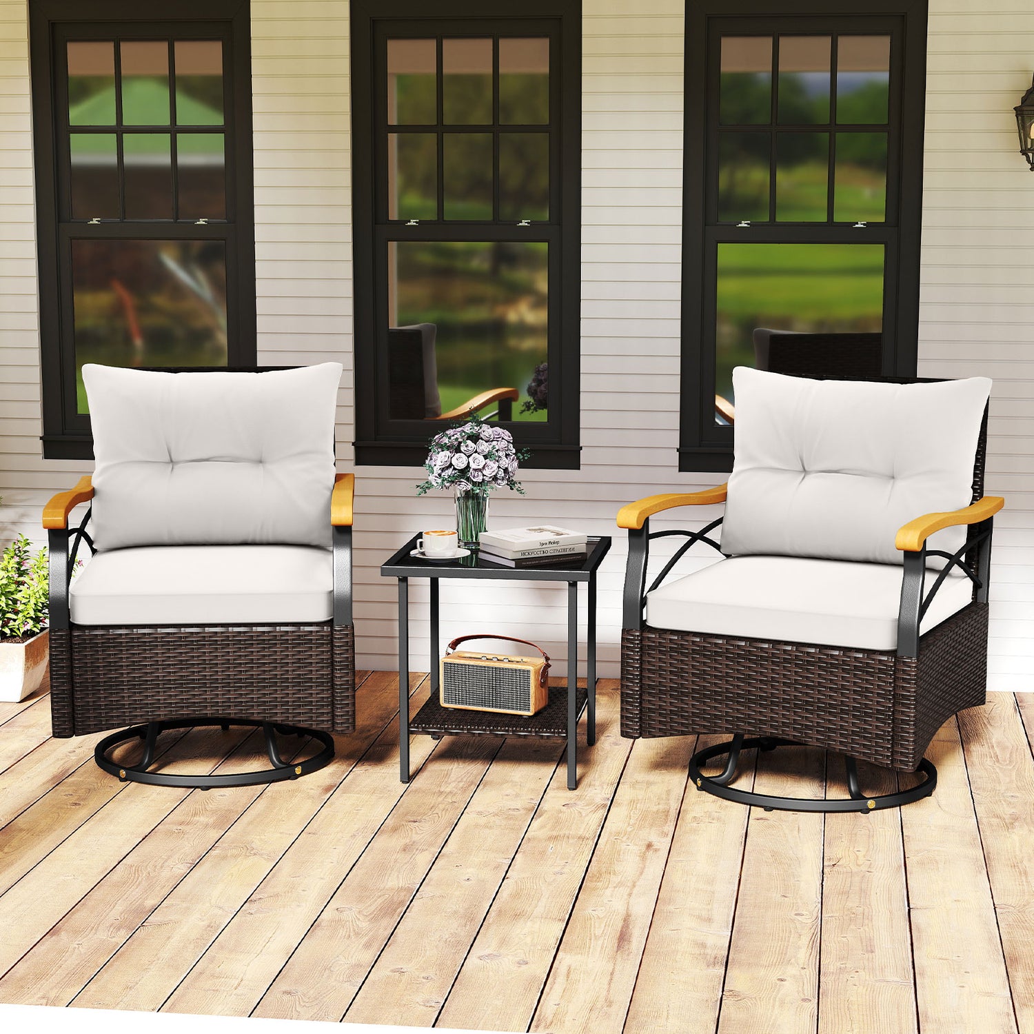 3 Piece Outdoor Swivel Chair Set with Tempered Glass Side Table