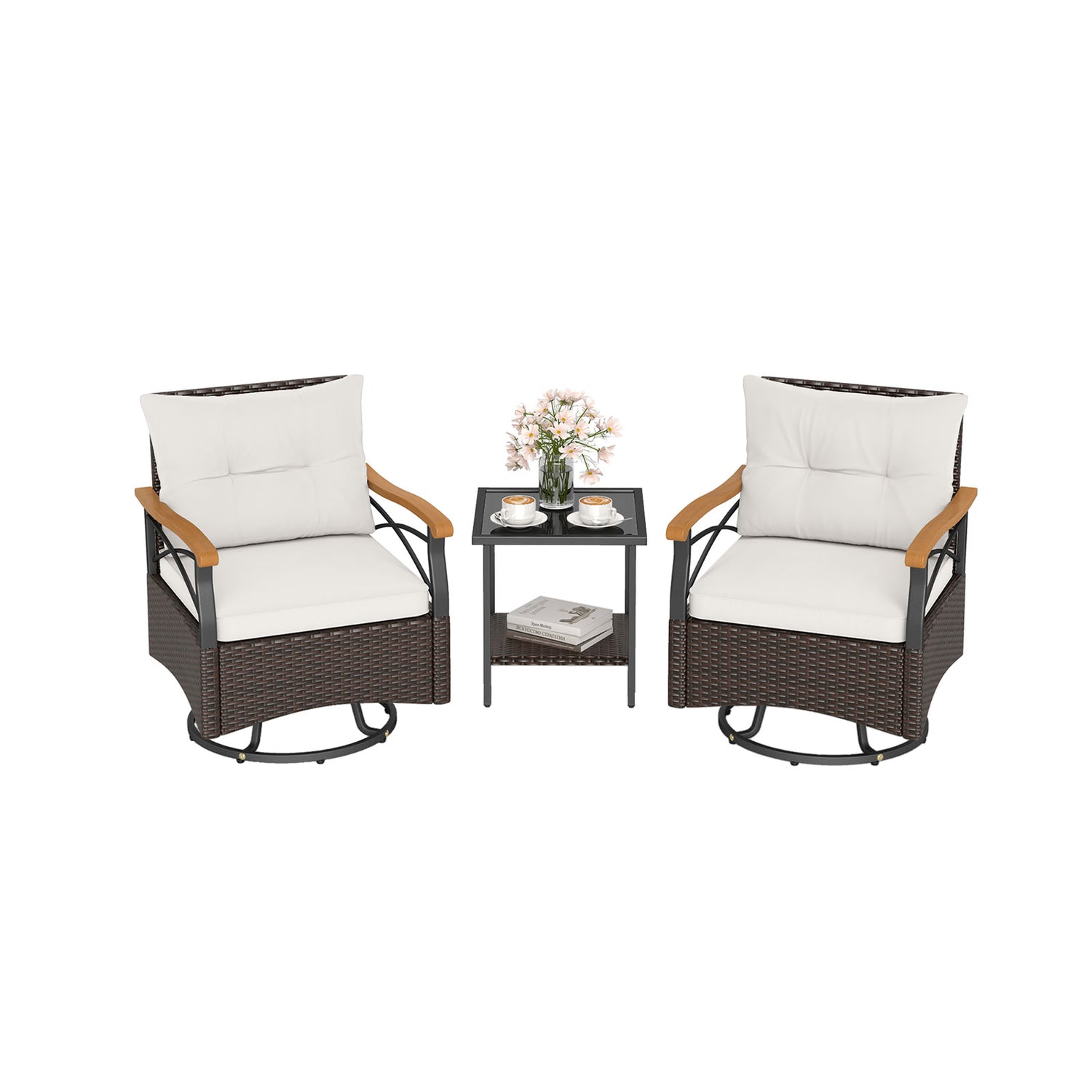 3 Piece Outdoor Swivel Chair Set with Tempered Glass Side Table