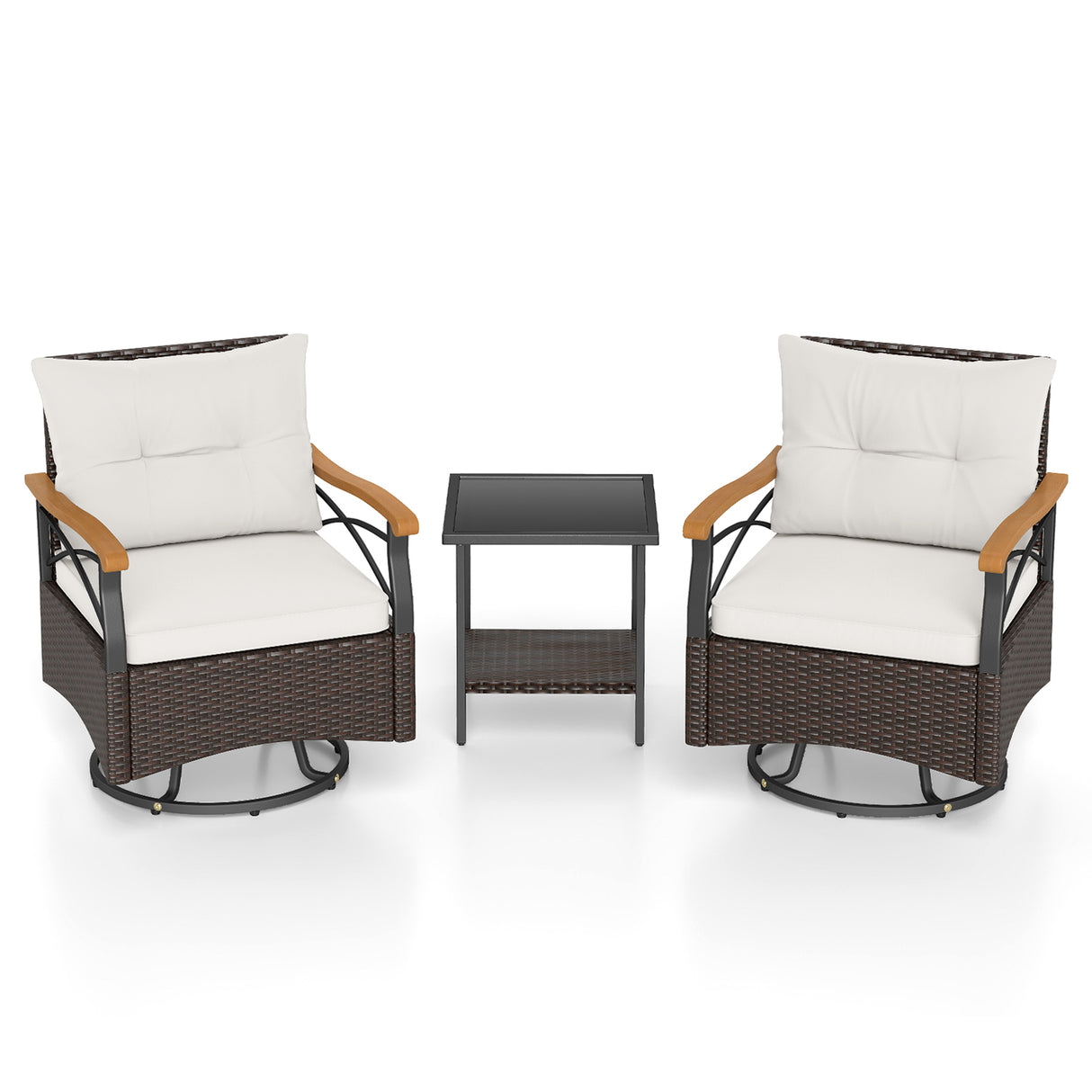 3 Piece Outdoor Swivel Chair Set with Tempered Glass Side Table