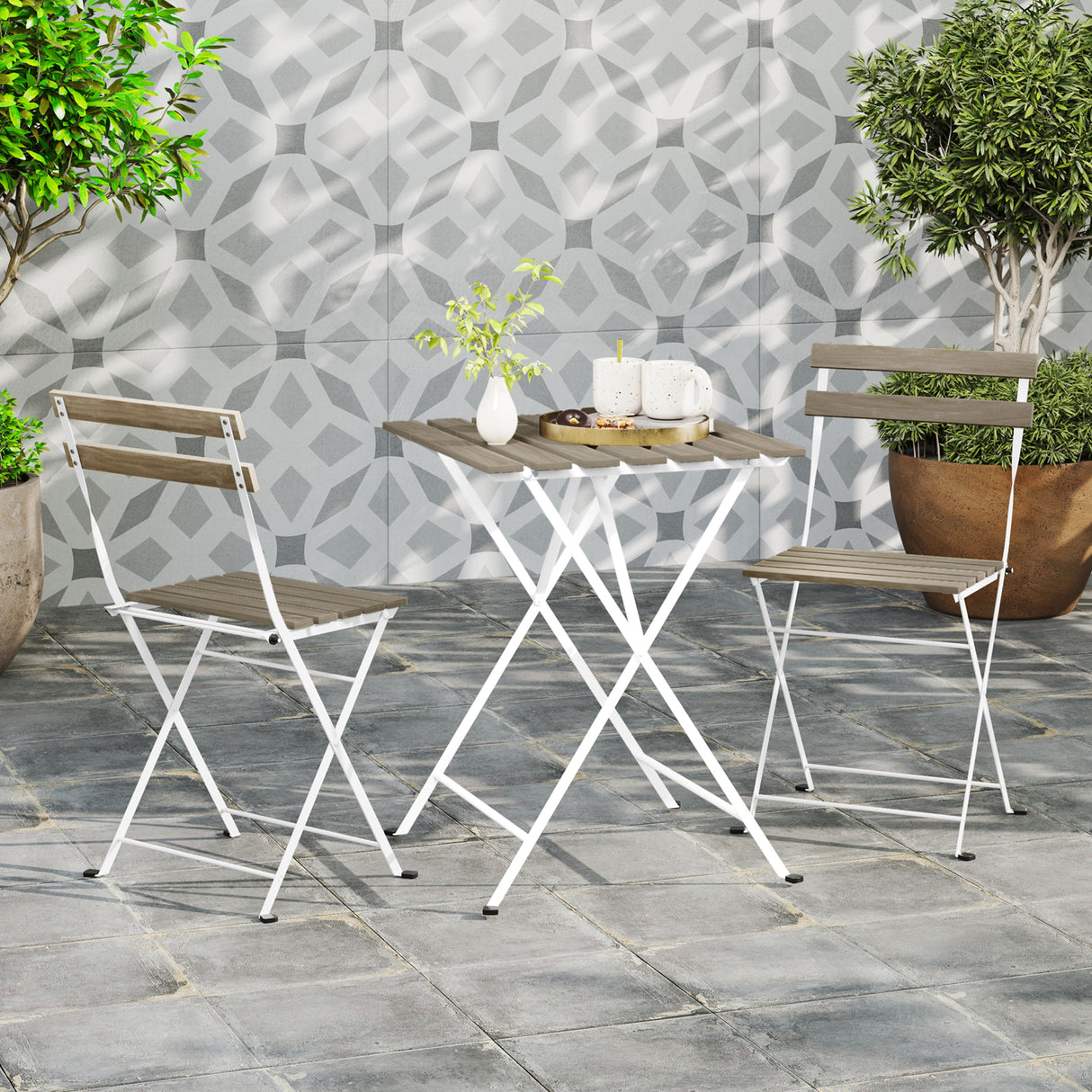 3 Piece Patio Acacia Wood Bistro Set with Slatted Seat and Tabletop