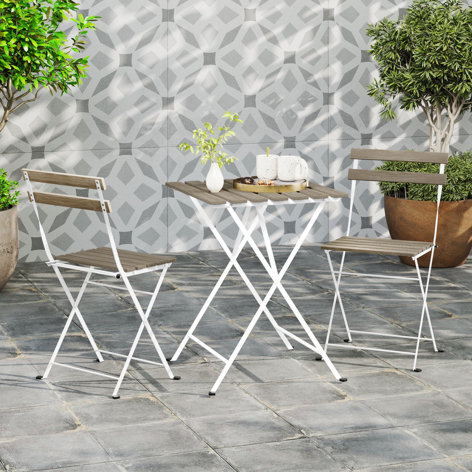 3 Piece Patio Acacia Wood Bistro Set with Slatted Seat and Tabletop