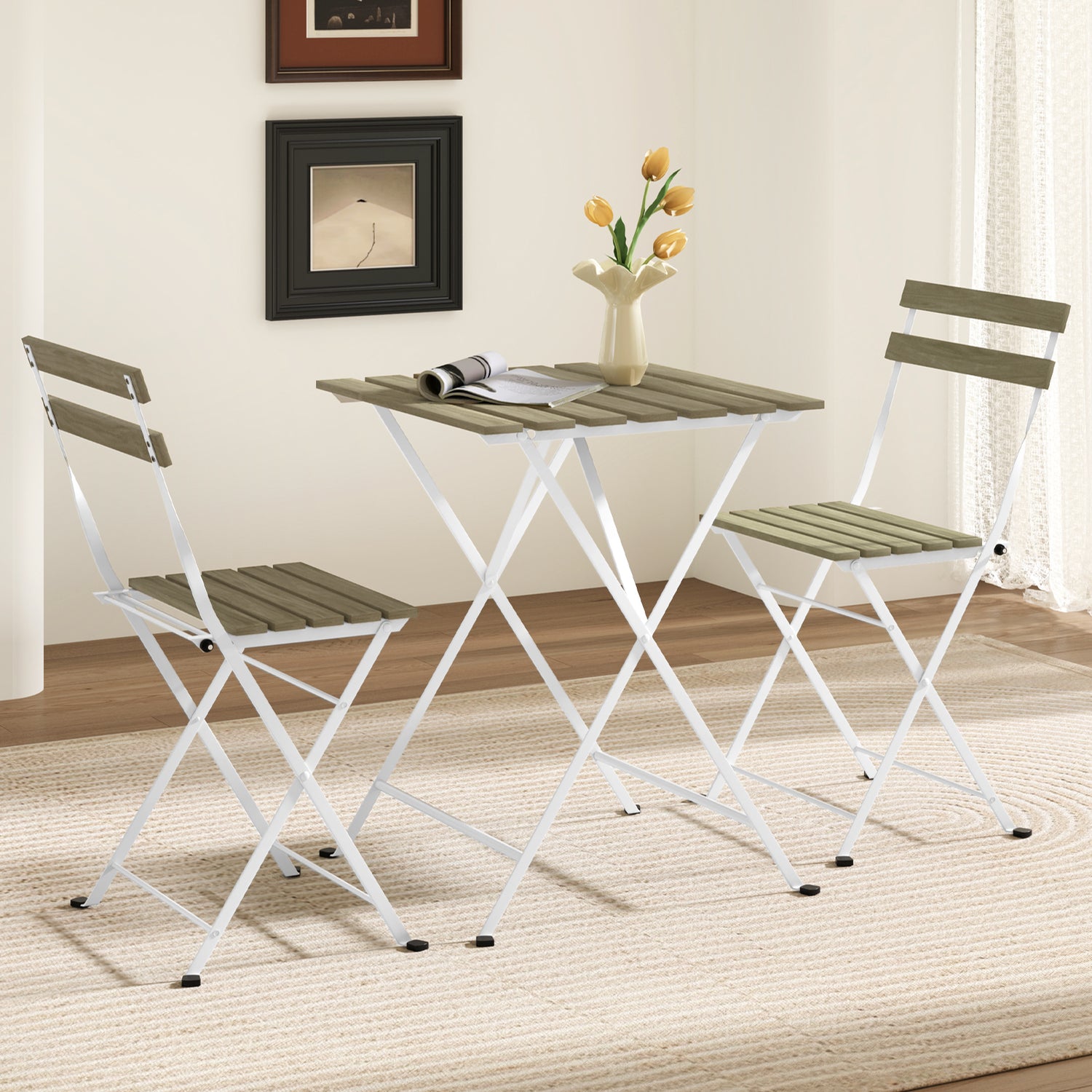 3 Piece Patio Acacia Wood Bistro Set with Slatted Seat and Tabletop
