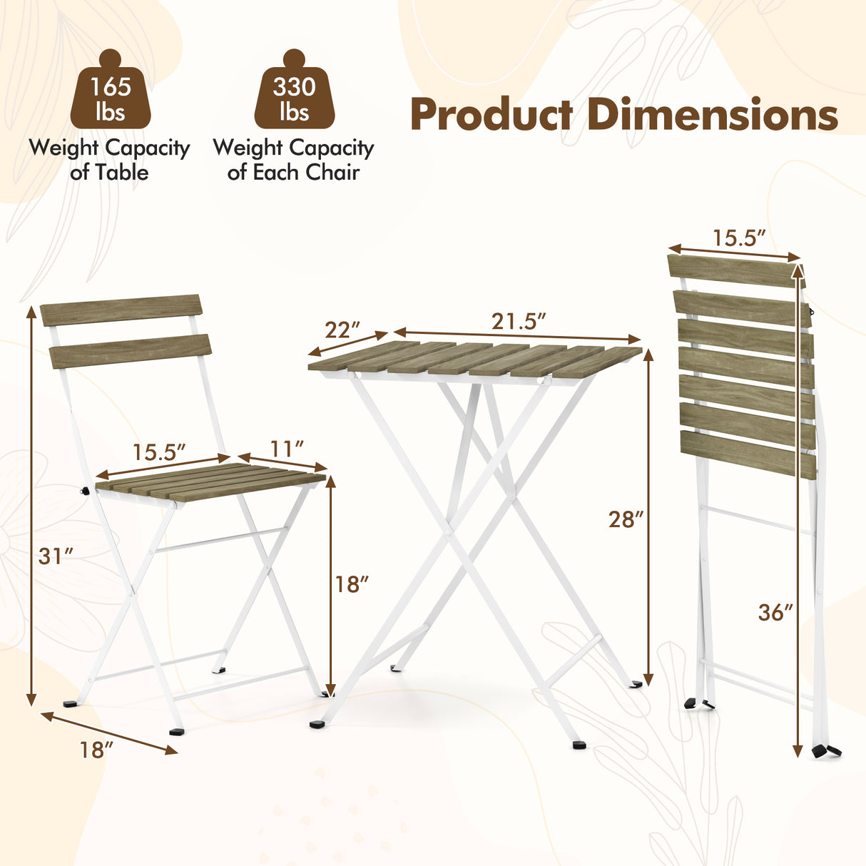 3 Piece Patio Acacia Wood Bistro Set with Slatted Seat and Tabletop