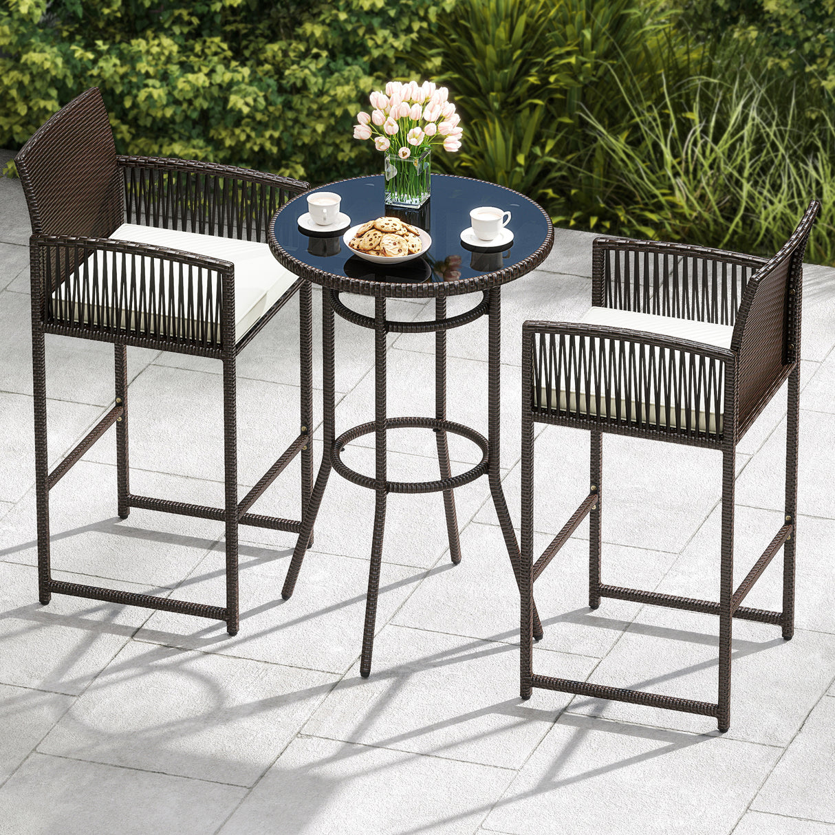 3 Piece Patio Bar Set Outdoor Wicker Bar Height Round Table and Armchairs-White