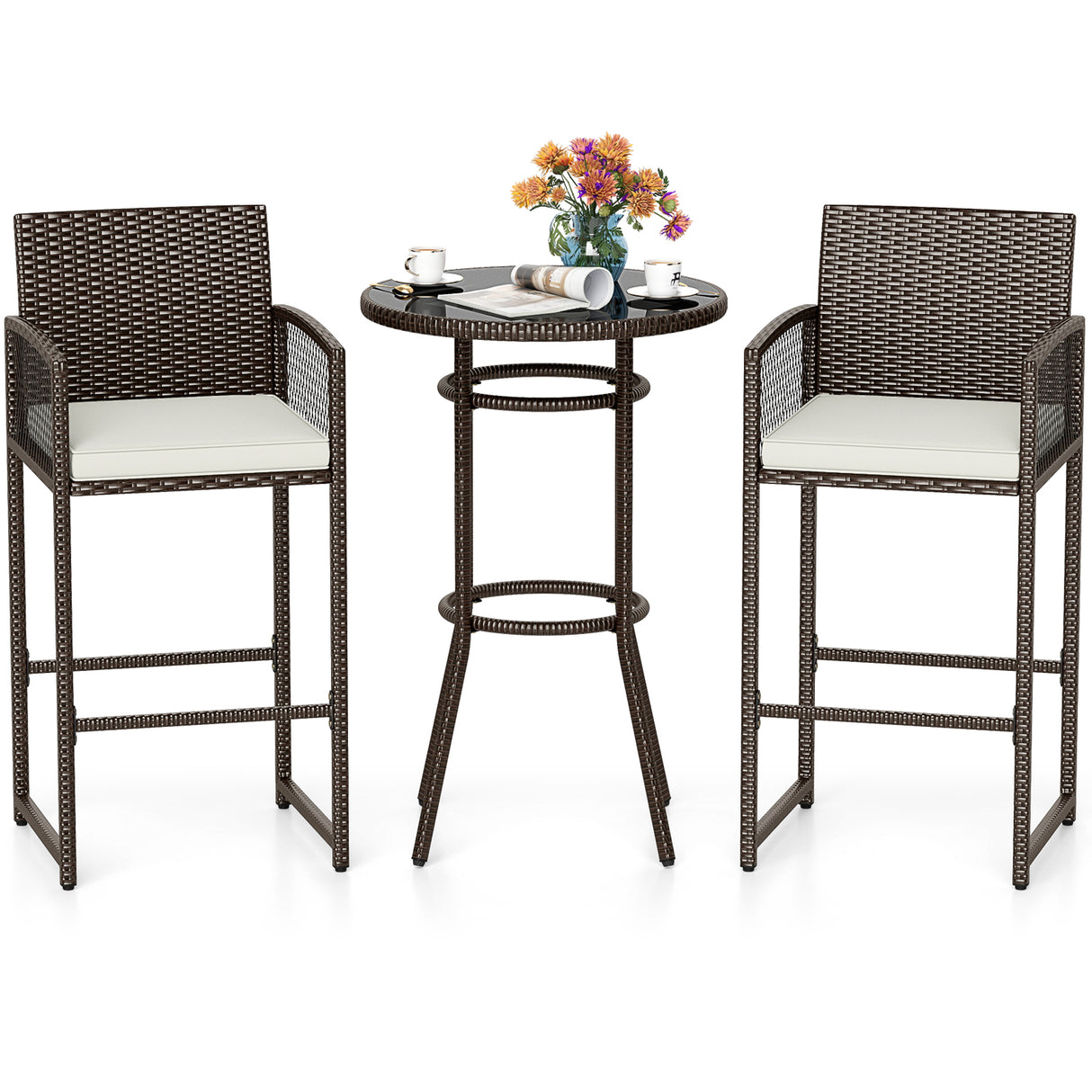 3 Piece Patio Bar Set Outdoor Wicker Bar Height Round Table and Armchairs-White