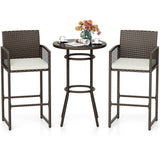 3 Piece Patio Bar Set Outdoor Wicker Bar Height Round Table and Armchairs-White