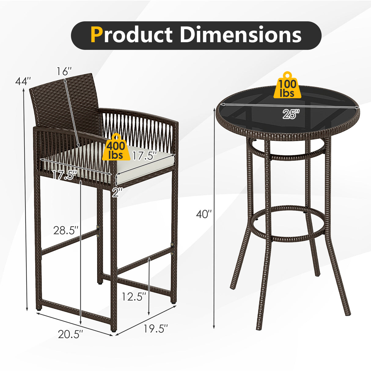 3 Piece Patio Bar Set Outdoor Wicker Bar Height Round Table and Armchairs-White