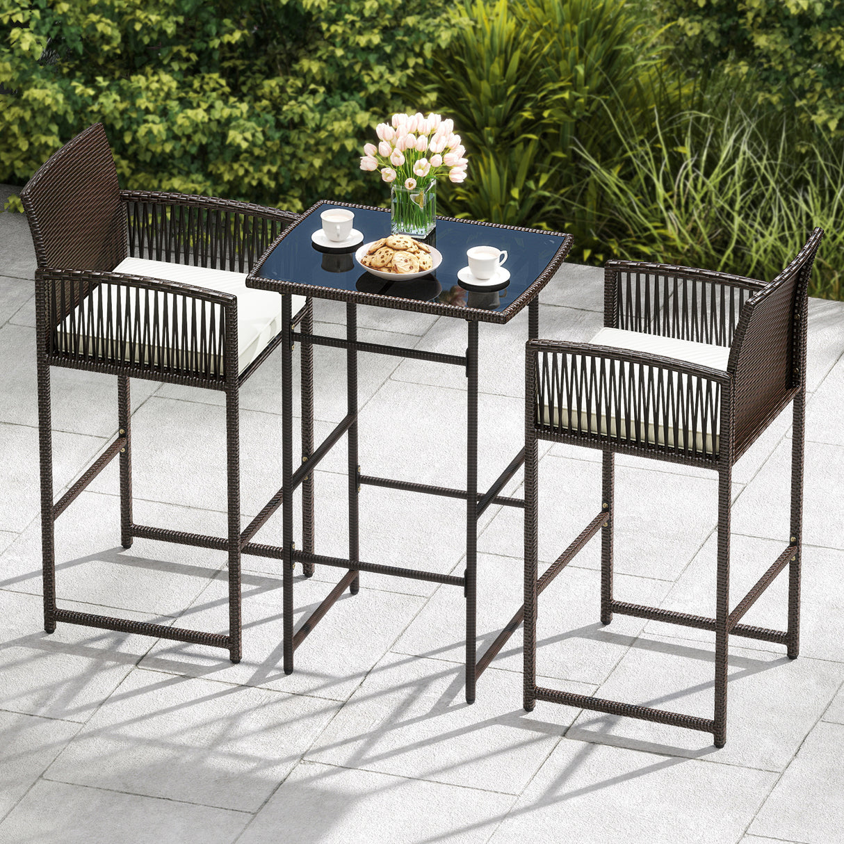 3 Piece Patio Bar Set Outdoor Wicker Bar Height Table and Armchairs with 2 Seat Cushions-White