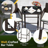 3 Piece Patio Bar Set Outdoor Wicker Bar Height Table and Armchairs with 2 Seat Cushions-White