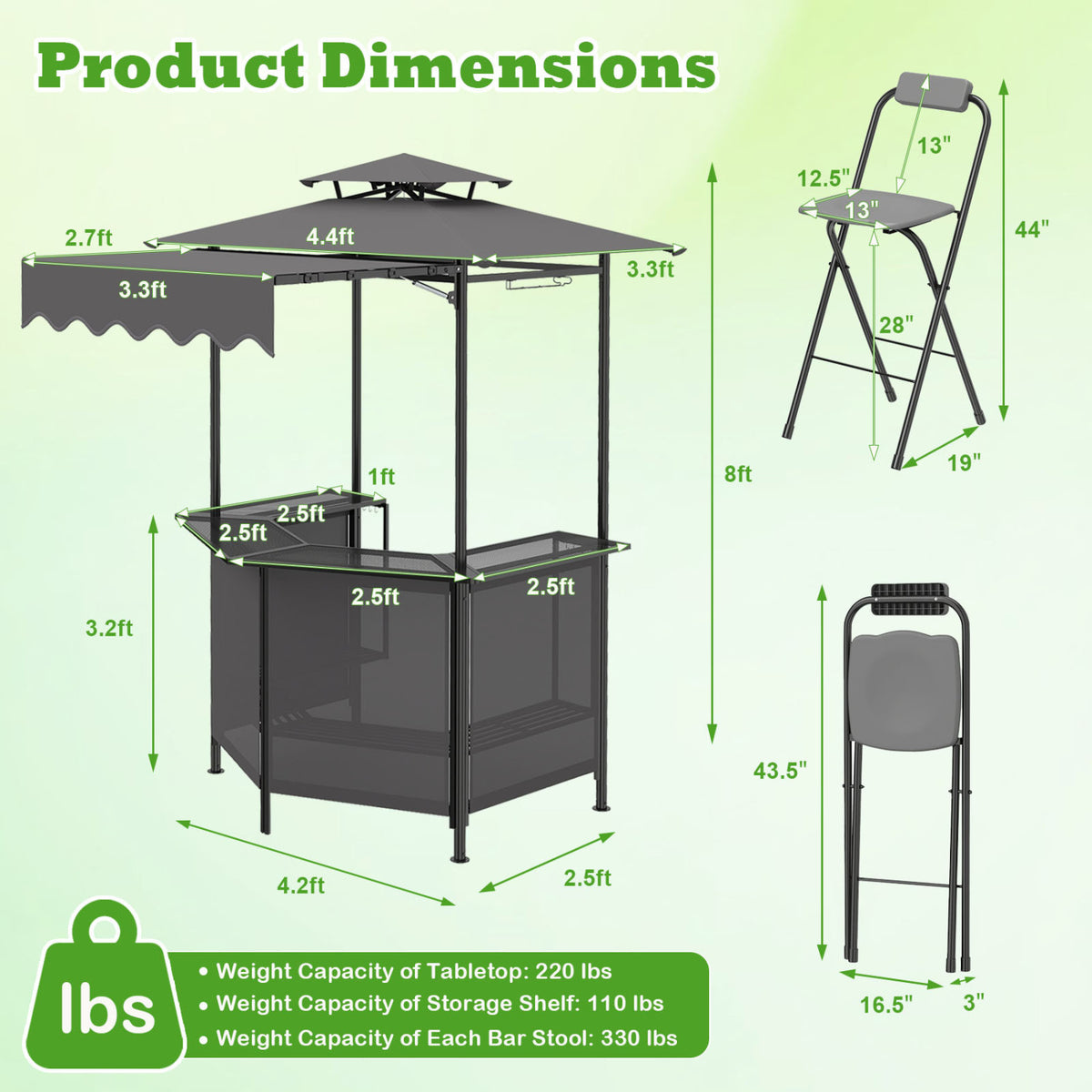 3-Piece Patio Bar Set Outdoor Grill Gazebo and 2 Folding Bar Stools